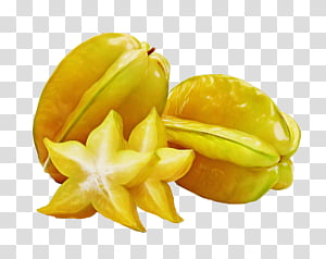 Three ripe yellow starfruits, one sliced to reveal its star-shaped cross-section, on a transparent background.