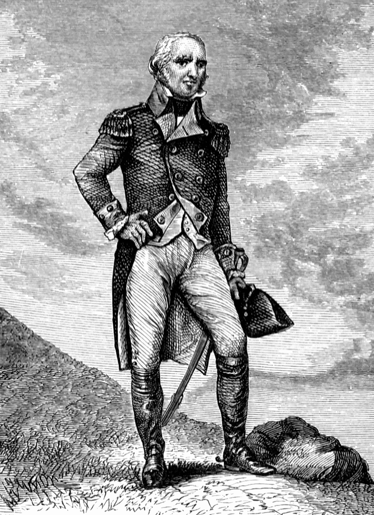 Engraved portrait of a 19th-century military officer in formal uniform, standing confidently with hand on hip and hat in hand.