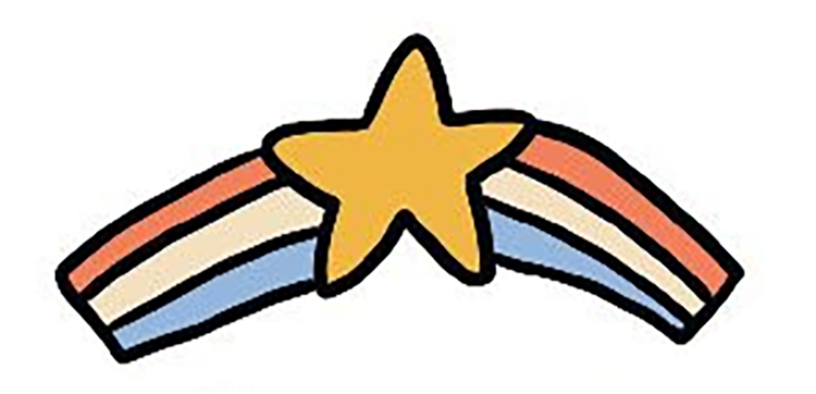 A golden five-pointed star centered over a striped rainbow arch in red, cream, and blue.