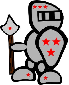 A cartoon knight in gray armor with red stars, holding a spear with a star-tipped blade.