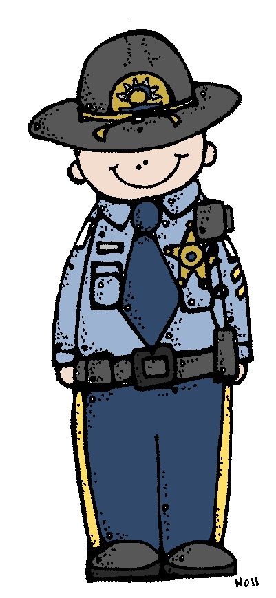 Cartoon police officer in uniform with badge, hat, and tie, smiling cheerfully.