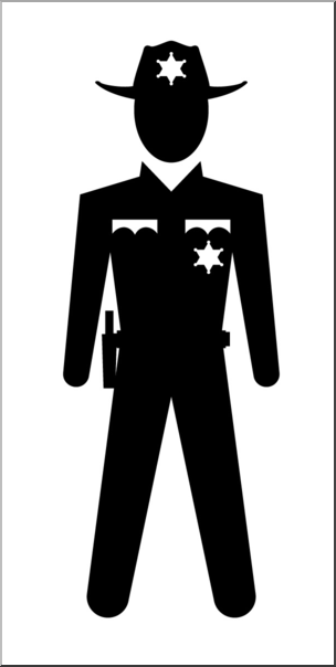 Black silhouette of a sheriff wearing a star-adorned hat and badge, with holstered sidearm.