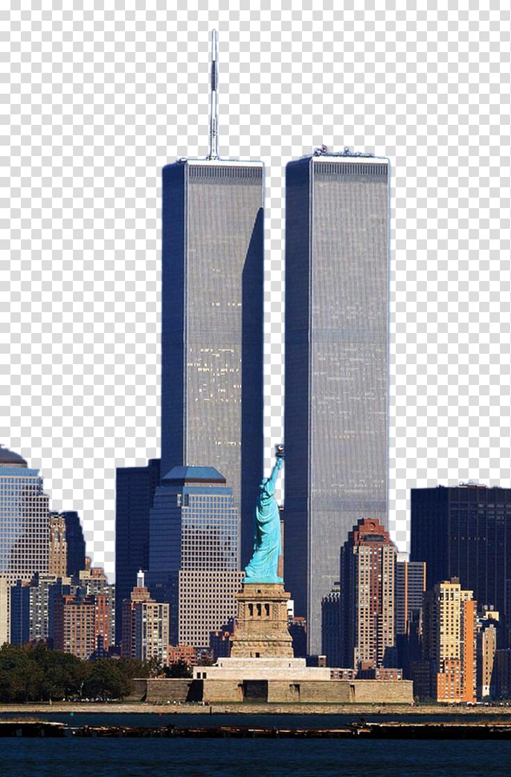 Statue of Liberty and World Trade Center Twin Towers - Iconic NYC Skyline View