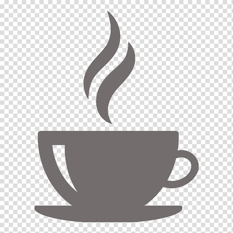 Gray silhouette of a steaming coffee cup on a saucer against transparent background.