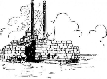 A vintage line drawing of a steam-powered brick barge on water, with smokestacks emitting plumes and crew visible on deck.