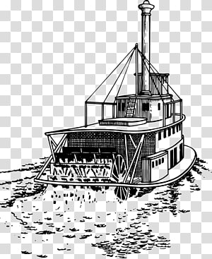 Black-and-white line drawing of a classic steam-powered paddlewheel riverboat with smokestack and multi-deck structure.