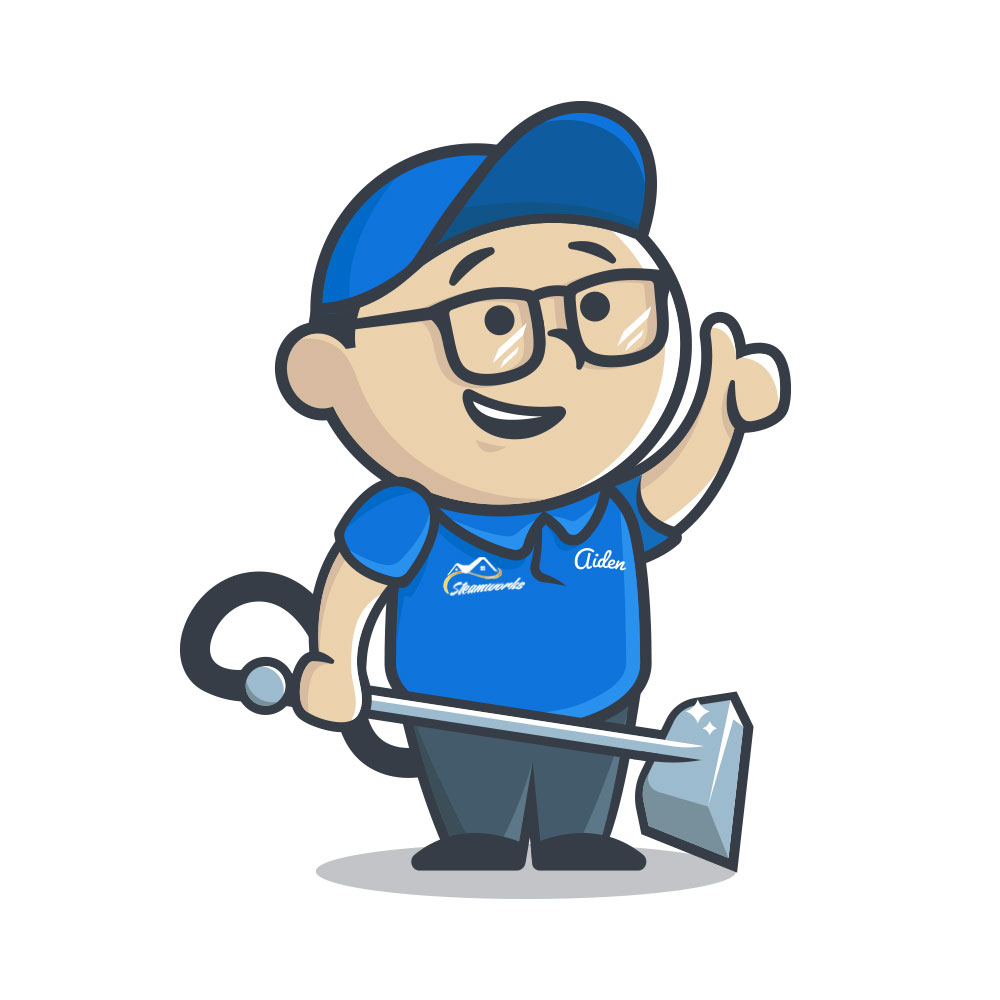 A cheerful cartoon technician named Aiden in a blue uniform, holding a steam cleaner and waving.