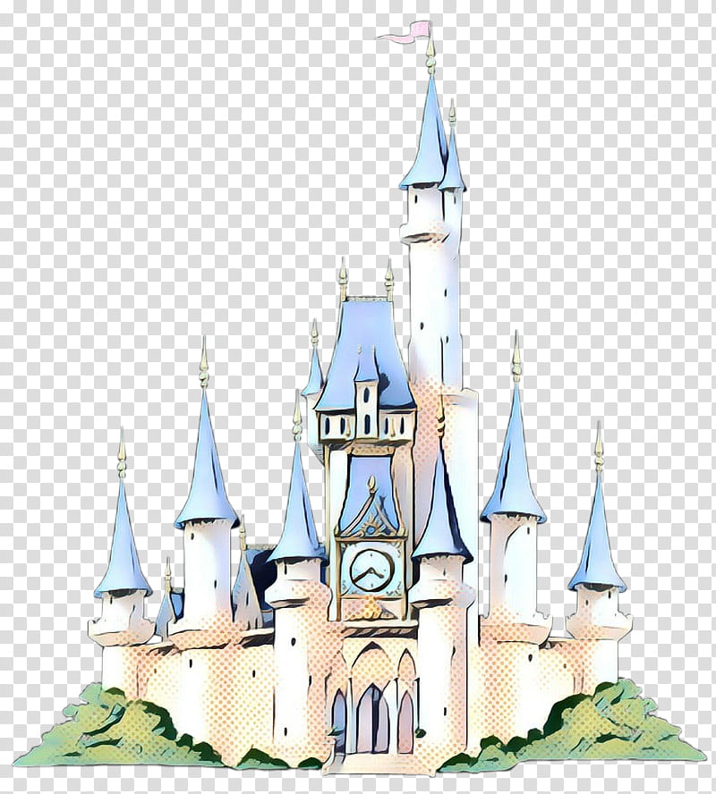 Illustrated fairytale castle with blue spires, clock tower, and pink flag on a green hill.