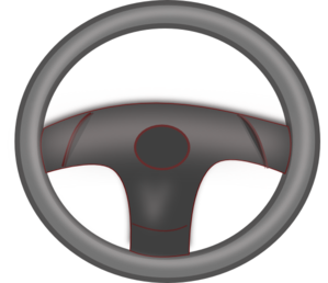 Gray 3D-rendered steering wheel icon with red accent lines on a transparent background.