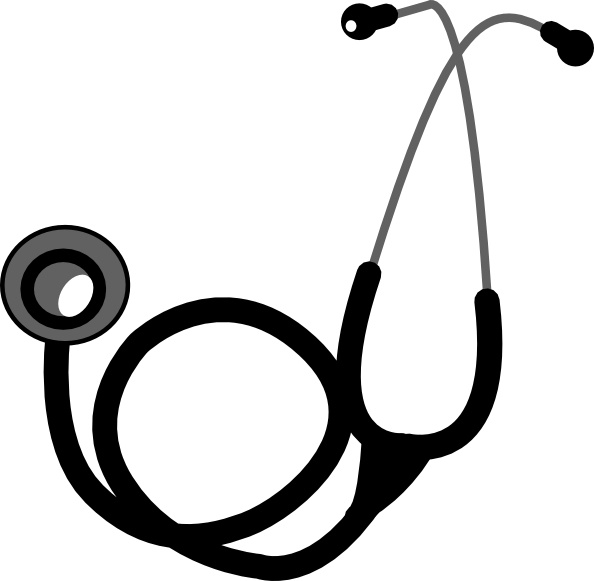 Black-and-gray stethoscope illustration with chest piece, tubing, and earpieces.