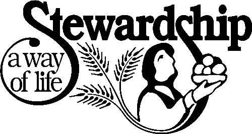 Stewardship logo featuring a person holding bread, wheat stalks, and the phrase "a way of life".