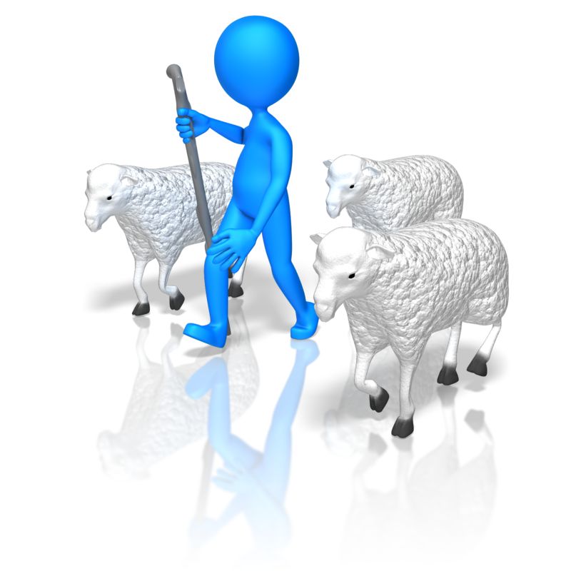 Blue 3D shepherd figure holding staff, guiding three white sheep on reflective surface.
