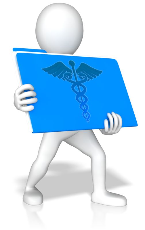 White 3D figure holding a blue medical folder with caduceus symbol.