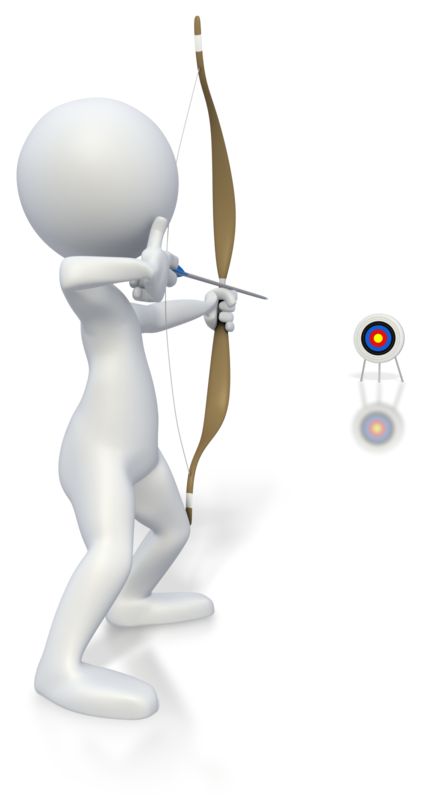 A white 3D figure aiming a bow and arrow at a target with concentric rings.