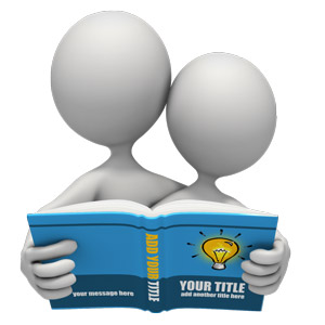 Two 3D figures reading a blue book with a lightbulb icon and placeholder text.