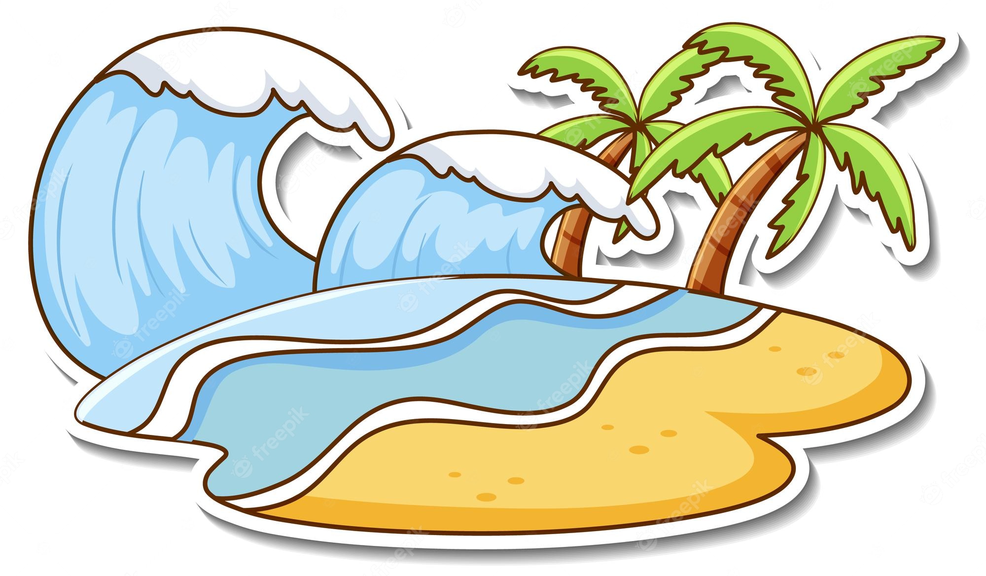 Cartoon tropical island with palm trees, sandy beach, and crashing blue ocean waves.