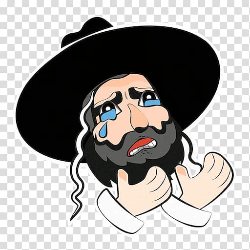 Cartoon of a distressed Orthodox Jewish man with black hat, beard, tears, and expressive hands.