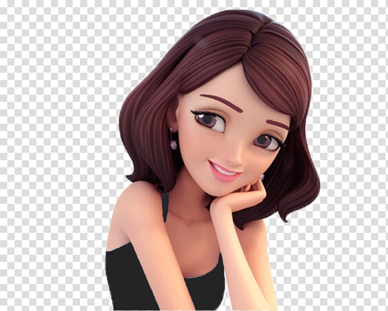 Animated 3D female character with brown wavy hair, smiling and resting chin on hand, wearing black top and pearl earrings.