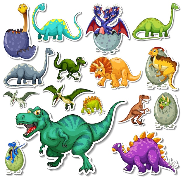 Colorful cartoon dinosaur stickers including T-Rex, Triceratops, Stegosaurus, and hatchlings emerging from eggs.