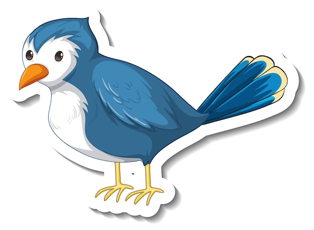 Cute cartoon blue bird with white chest, orange beak, and yellow feet, shown as a die-cut sticker on white background.