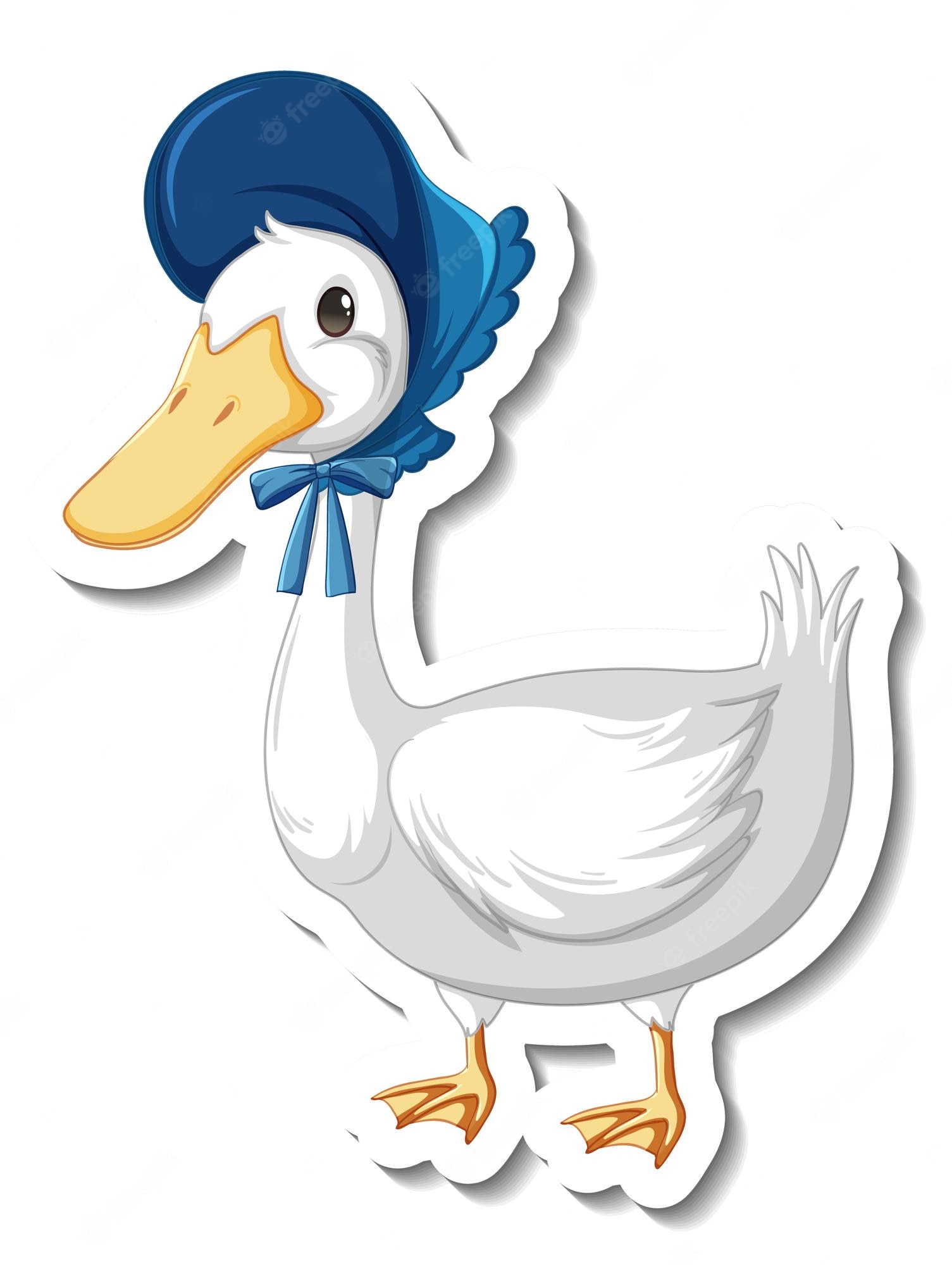 A cute white duck wearing a blue bonnet and bow, illustrated as a sticker with soft shadows.