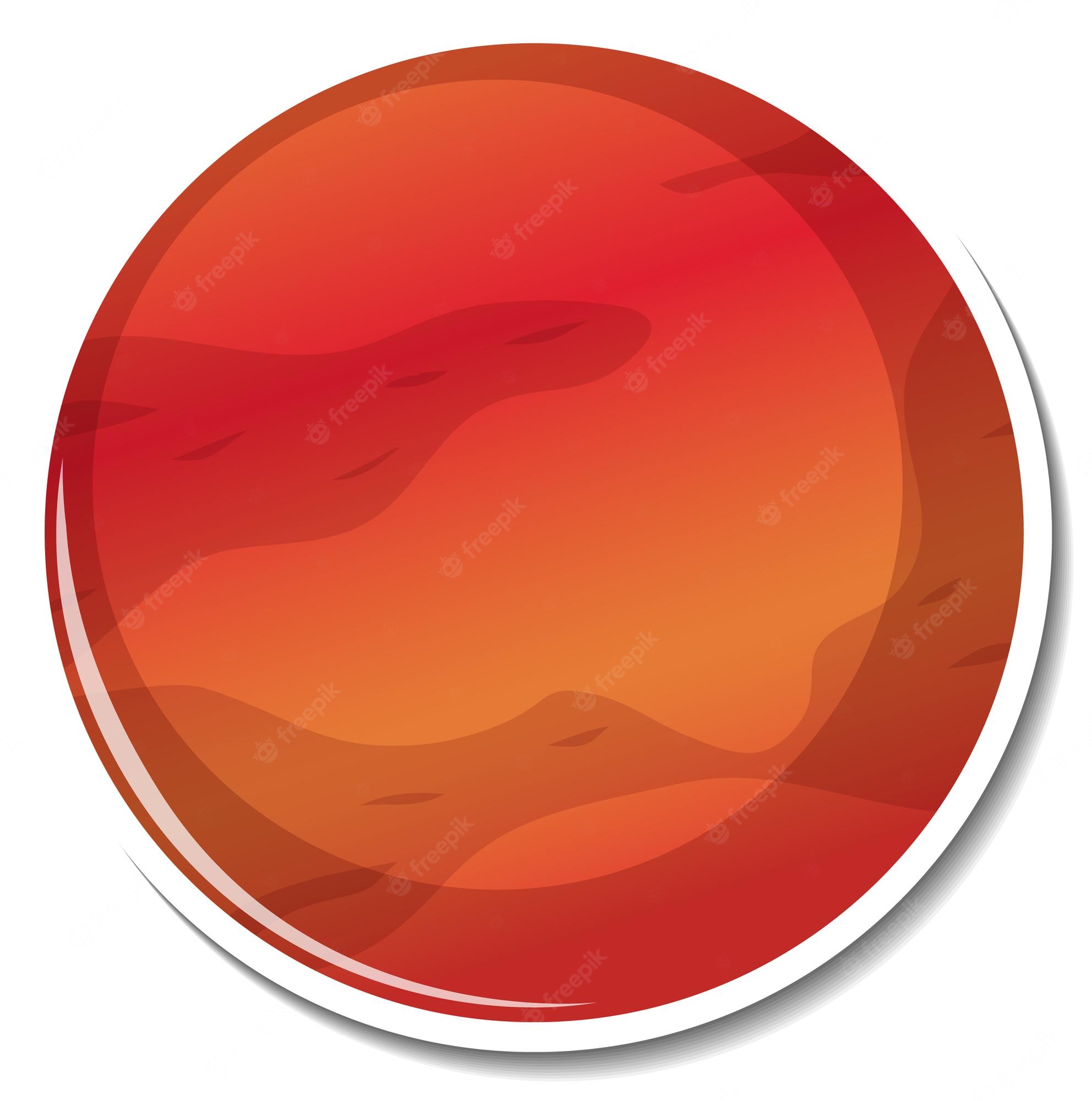 Stylized illustration of the planet Mars with reddish-orange hues, surface features, and a glossy circular border.