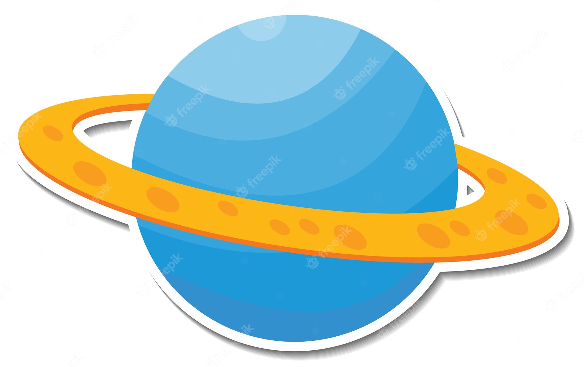 A cartoon-style blue planet with a bright orange ring system, resembling Saturn, on a white background.