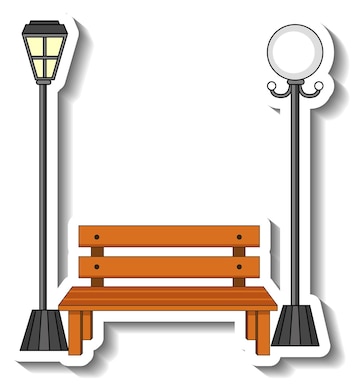 Wooden park bench between two vintage-style street lamps on white background.