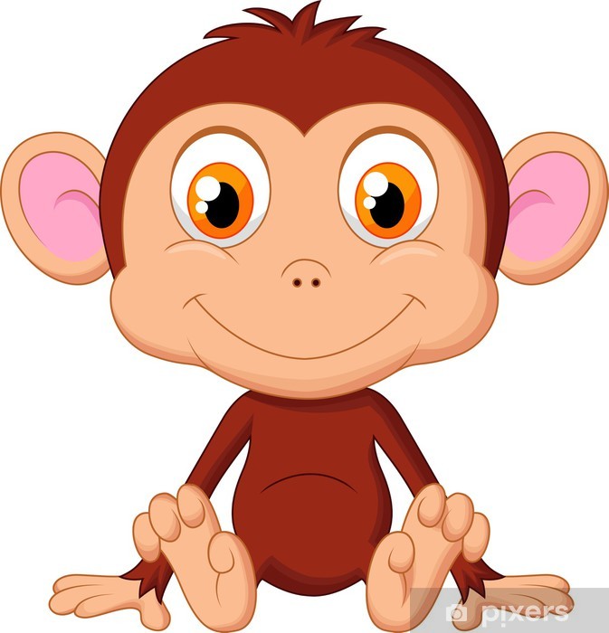 Cute cartoon monkey with big orange eyes, smiling, sitting upright on white background.