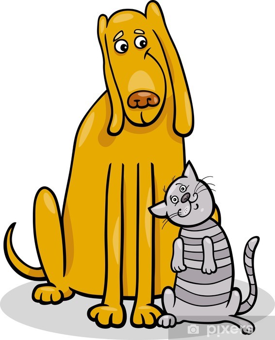 Cartoon yellow dog sitting beside a striped gray cat, both looking friendly and calm.