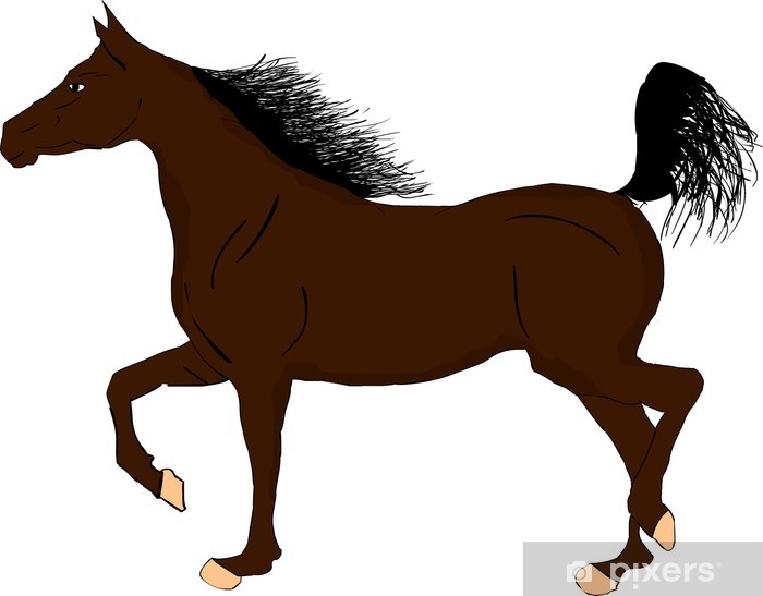 Brown horse in motion with black mane and tail, stylized illustration on white background.