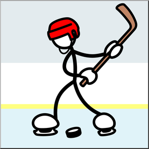 Stick figure hockey player in red helmet skating with stick and puck on ice rink.