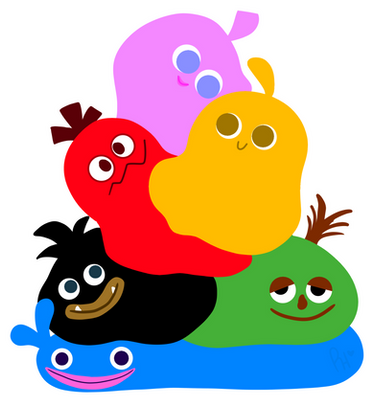 A colorful stack of six cartoon blob characters with expressive faces and varied colors-blue, black, red, green, yellow, and purple.