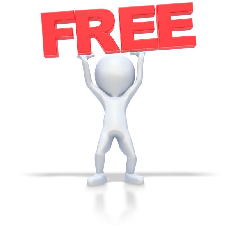 White 3D figure lifting large red "FREE" text overhead on white background.
