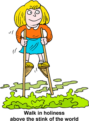 Cartoon girl with blonde hair, orange shirt, and blue skirt standing on wooden stilts over green grass.