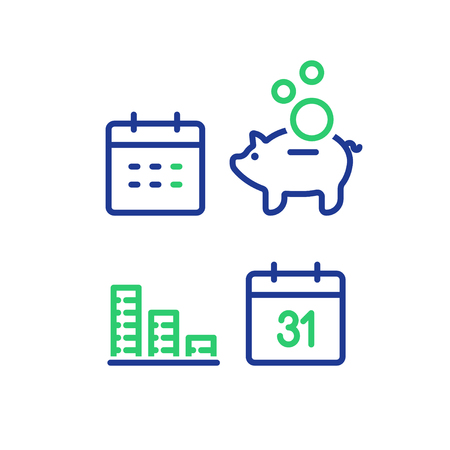 Four financial planning icons: calendar, piggy bank with coins, bar chart, and calendar showing 31st.
