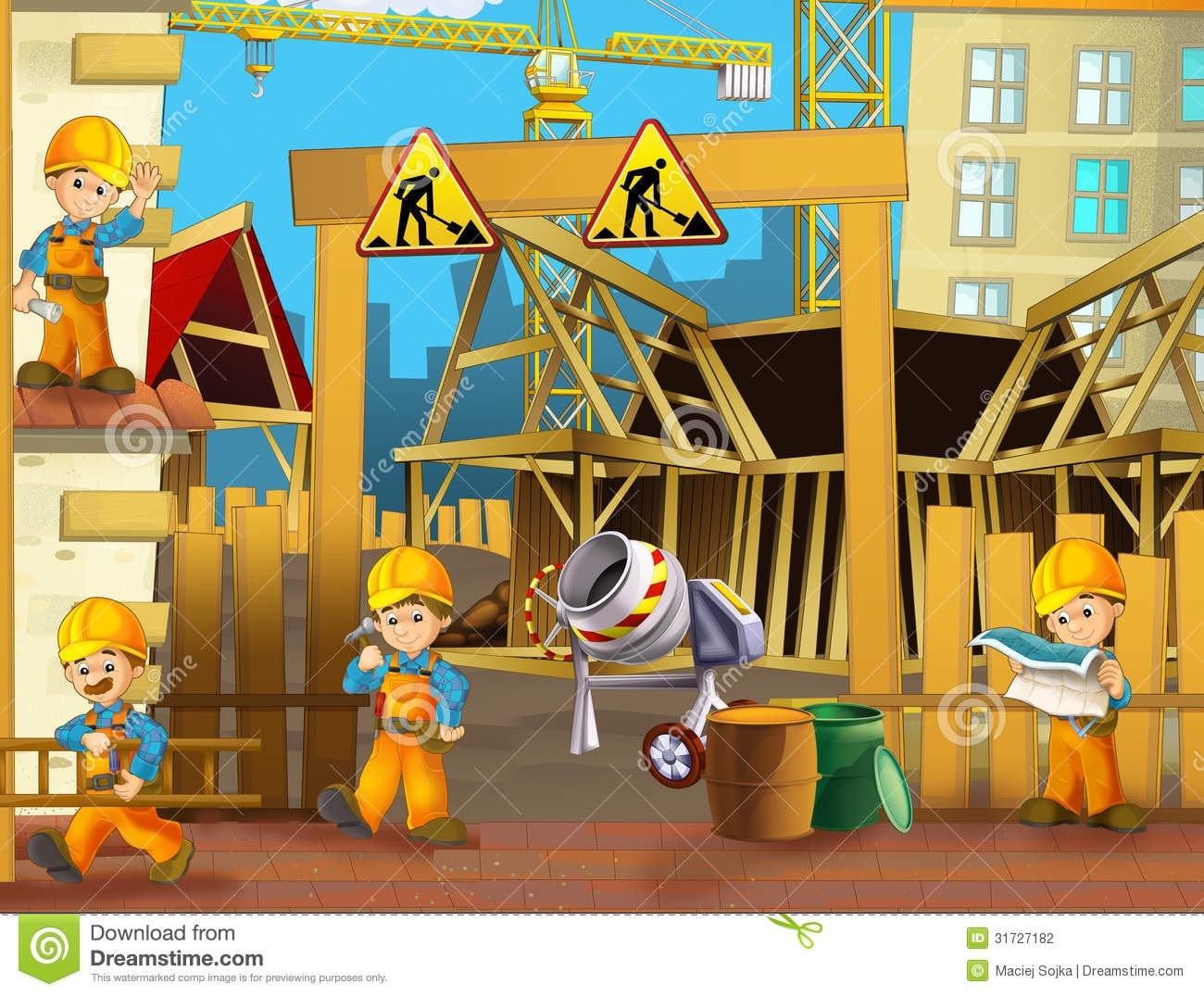 Cartoon construction site with four workers in orange overalls and yellow helmets, crane, cement mixer, and safety signs.