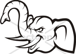 Aggressive cartoon elephant head with raised trunk and sharp tusks, stylized black-and-white mascot design.