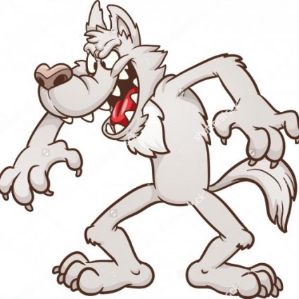 Cartoon werewolf snarling with sharp claws and fangs, aggressive stance, stylized vector illustration.
