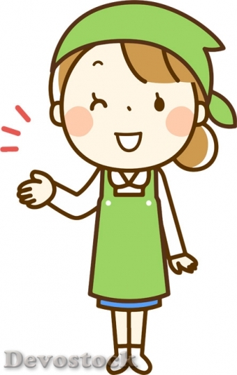 Cheerful cartoon girl in green apron and headband waving with a smile.