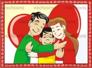 Happy family of three hugging warmly in front of a large red heart, illustrated in colorful cartoon style with decorative border.