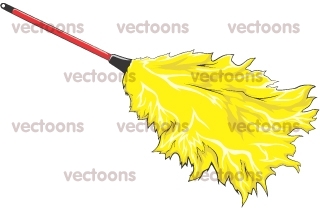 Bright yellow feather duster with red handle, illustrated in cartoon style against white background.