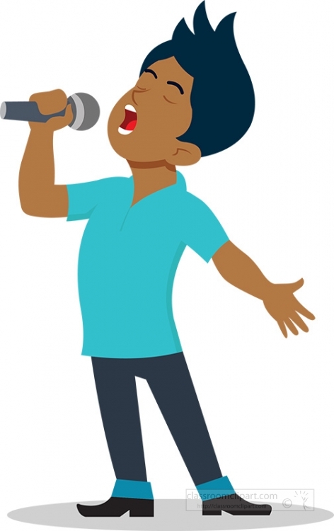 Boy singing passionately into a microphone, eyes closed, wearing blue shirt and dark pants.
