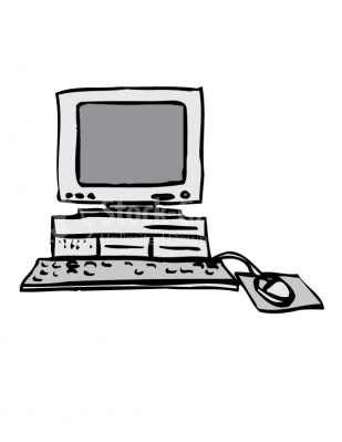 Hand-drawn sketch of a classic desktop computer with CRT monitor, tower, keyboard, and mouse.