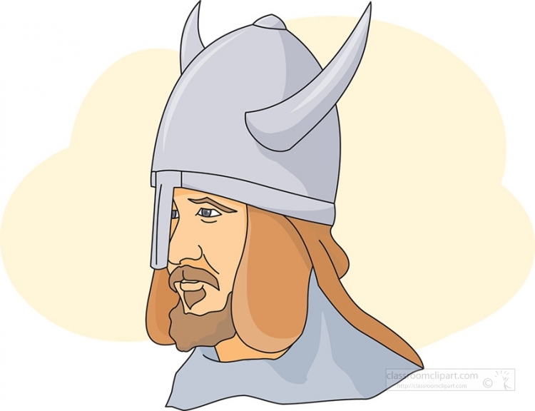 Cartoon illustration of a Viking warrior with horned helmet, beard, and long hair in profile view.