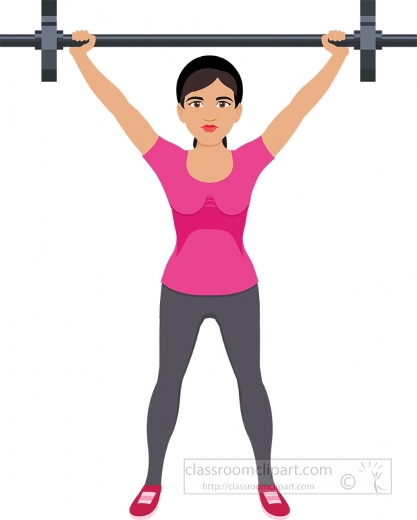 Woman performing overhead barbell press in pink top and gray leggings, demonstrating strength training form.