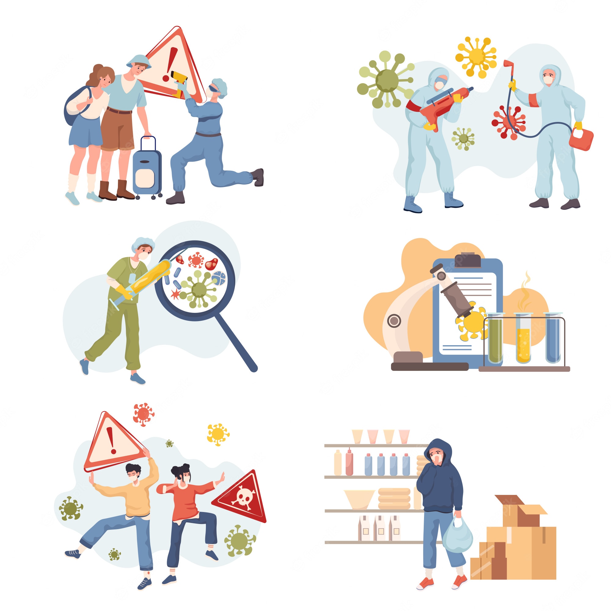 Six illustrated scenes showing pandemic response: travel screening, disinfection, virus analysis, lab testing, public alerts, and grocery shopping with masks.