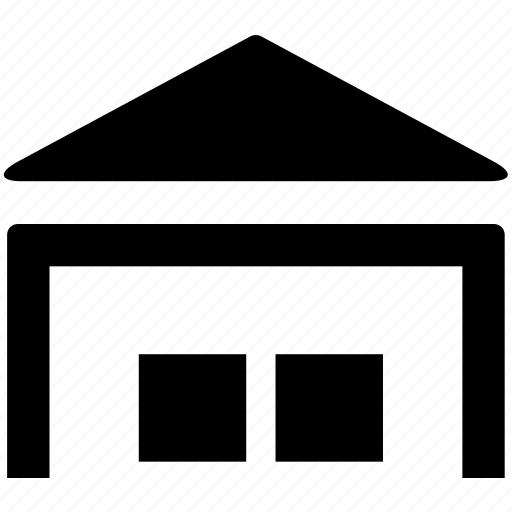 Black silhouette of a storefront with triangular roof and two windows against diagonal striped background.