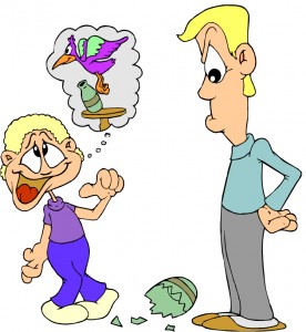 A cartoon boy with a guilty expression gestures toward a broken egg while imagining a bird escaping; a man looks skeptical.