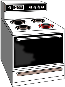 White electric range with four coil burners, oven, and control panel on a green background.